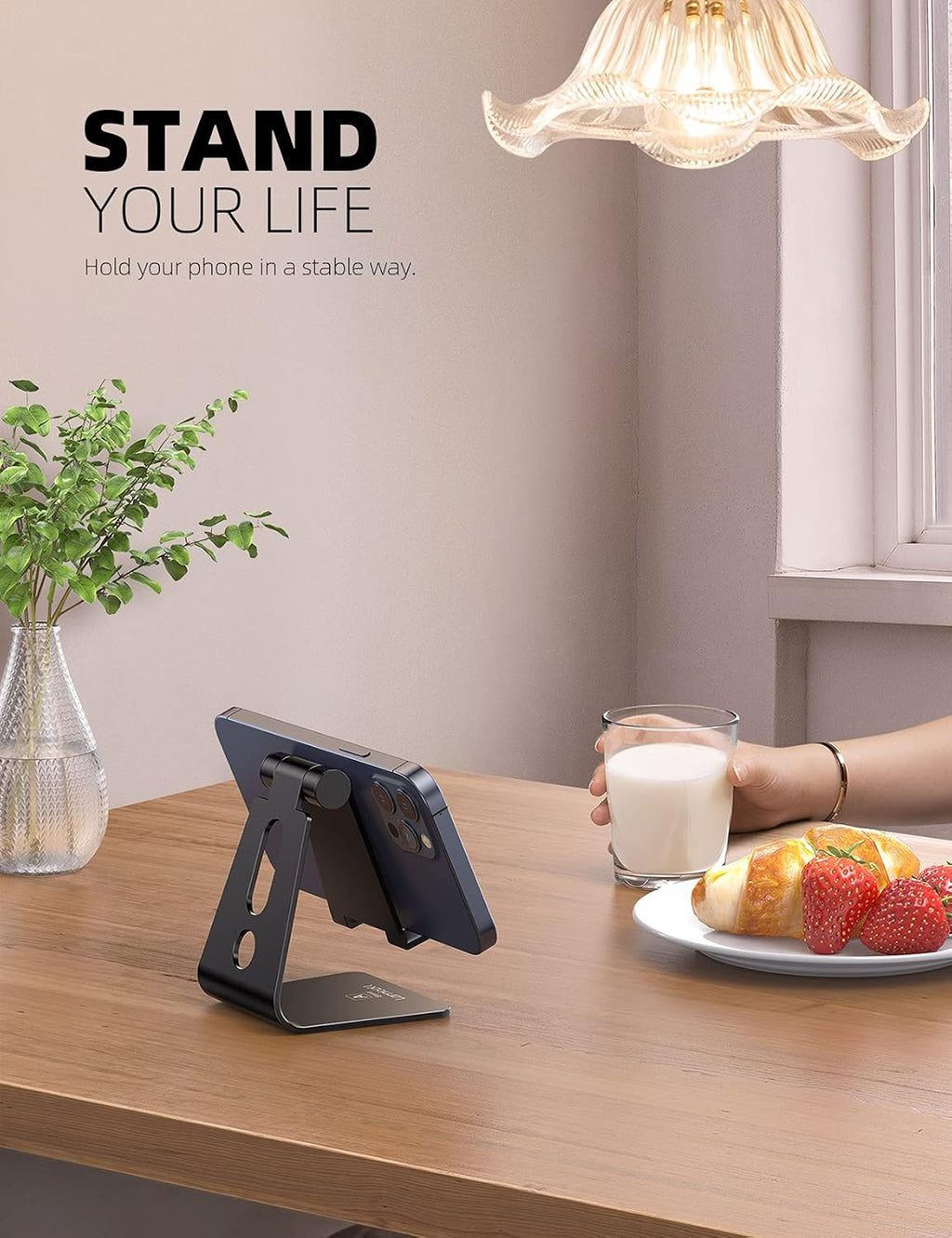 Ty Wats Adjustable Desk Phone Stand - Sturdy Aluminum Phone Holder for Office & Home - Compatible with All Smartphones (Black)