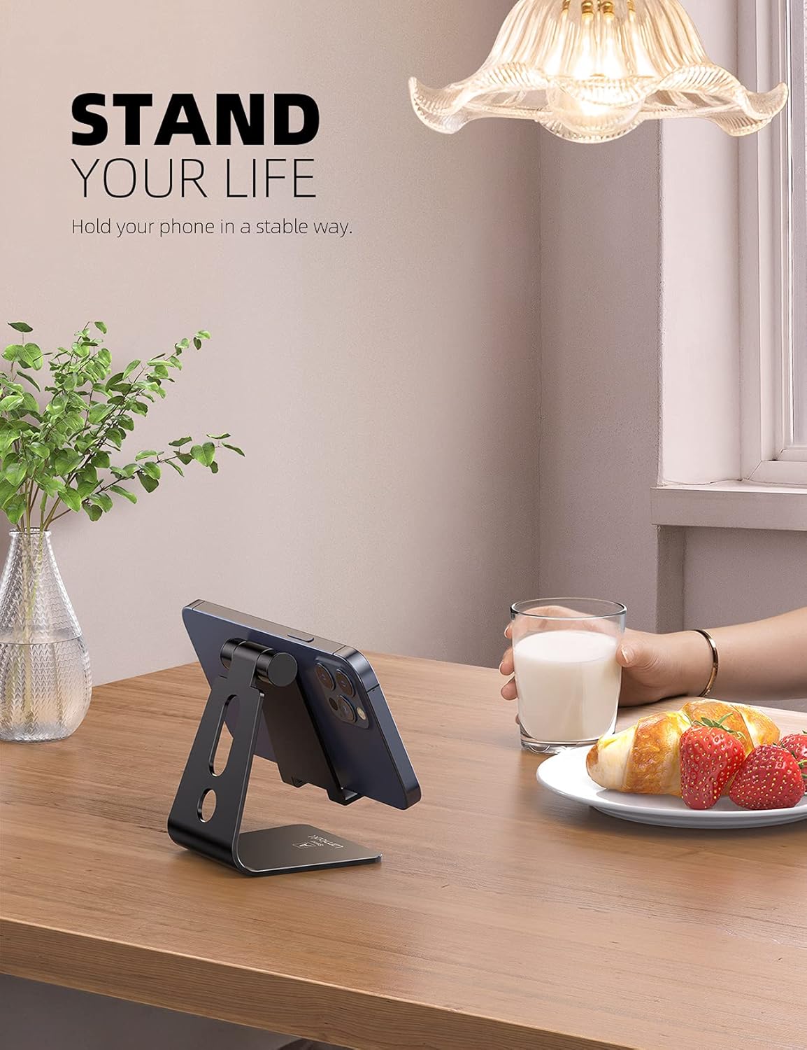 Ty Wats Adjustable Desk Phone Stand - Sturdy Aluminum Phone Holder for Office & Home - Compatible with All Smartphones (Black)