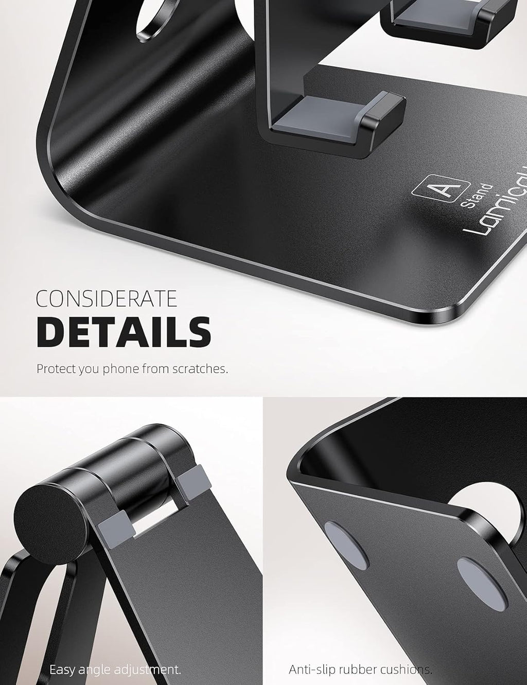 Ty Wats Adjustable Desk Phone Stand - Sturdy Aluminum Phone Holder for Office & Home - Compatible with All Smartphones (Black)