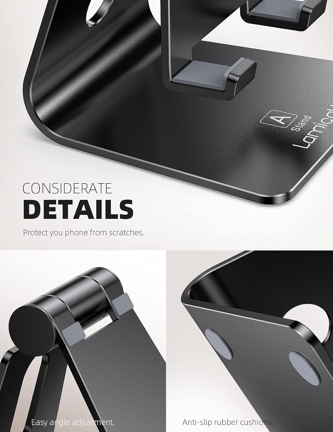 Ty Wats Adjustable Desk Phone Stand - Sturdy Aluminum Phone Holder for Office & Home - Compatible with All Smartphones (Black)