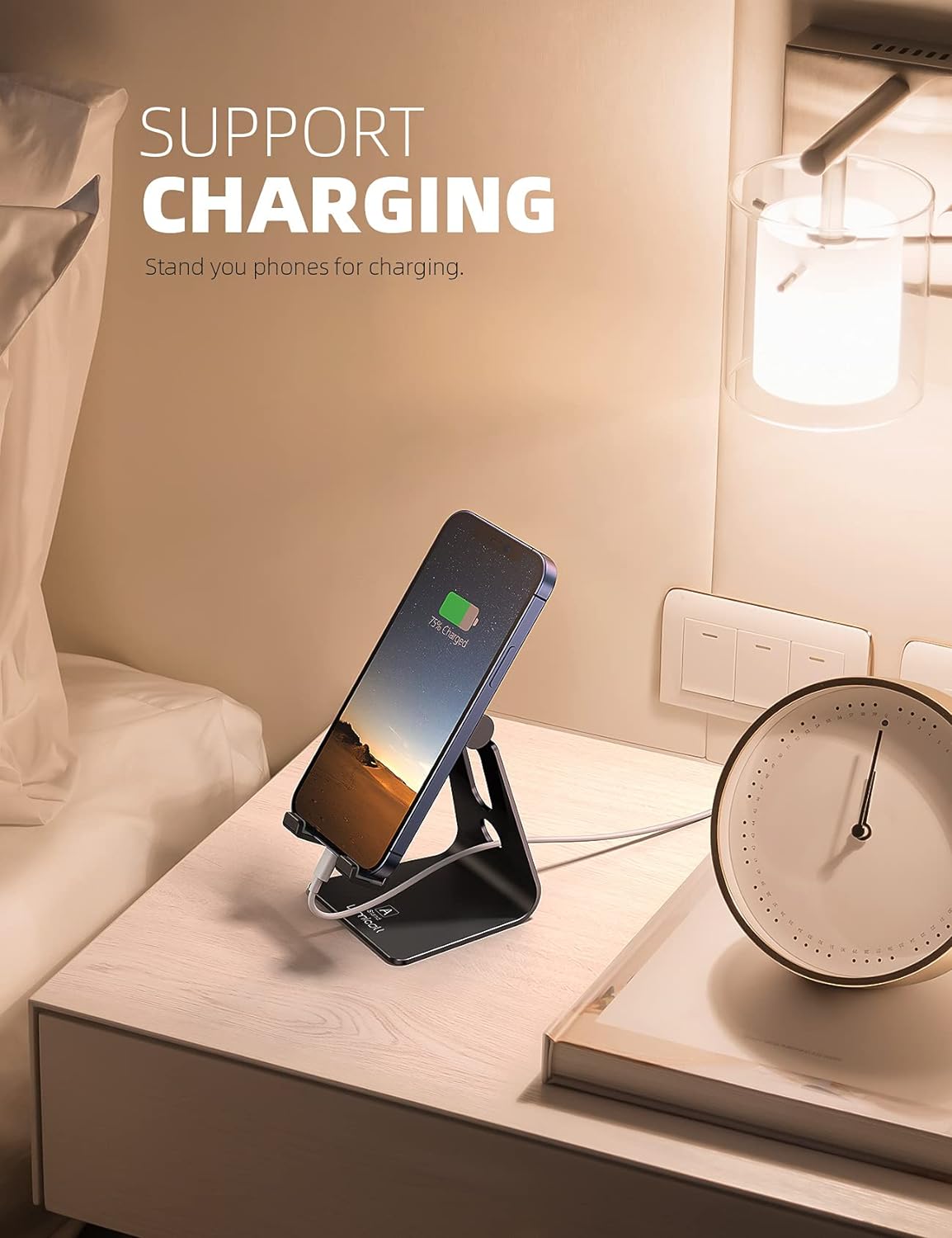 Ty Wats Adjustable Desk Phone Stand - Sturdy Aluminum Phone Holder for Office & Home - Compatible with All Smartphones (Black)